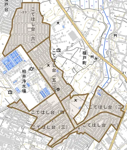 こてはし台とその周辺の地図。町の範囲を重ねている