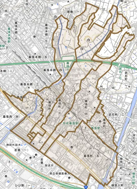 幕張町とその周辺の地図。町の範囲を重ねている