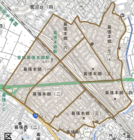 幕張本郷とその周辺の地図。町の範囲を重ねている
