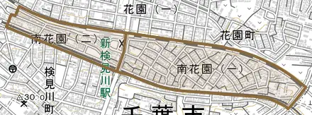 南花園とその周辺の地図。町の範囲を重ねている