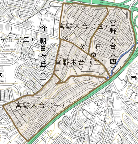 宮野木台とその周辺の地図。町の範囲を重ねている