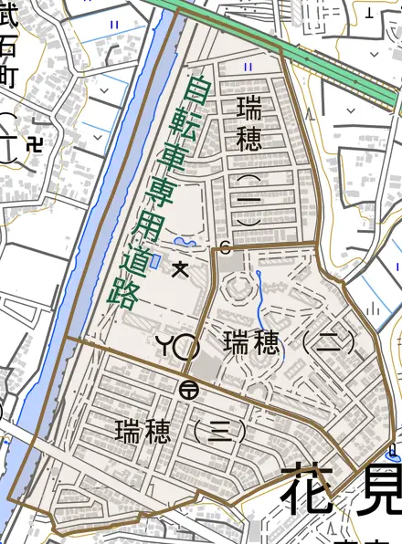 瑞穂とその周辺の地図。町の範囲を重ねている