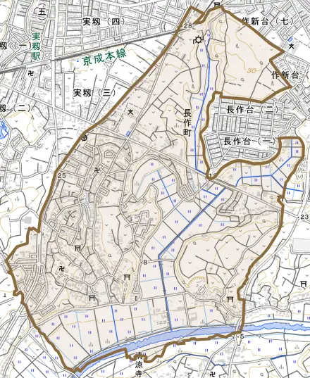 長作町とその周辺の地図。町の範囲を重ねている
