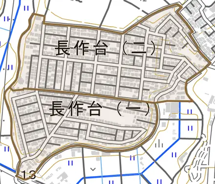 長作台とその周辺の地図。町の範囲を重ねている