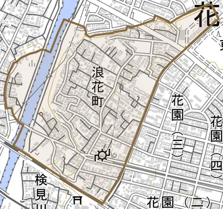 浪花町とその周辺の地図。町の範囲を重ねている