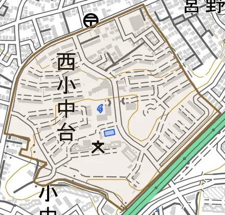 西小中台とその周辺の地図。町の範囲を重ねている