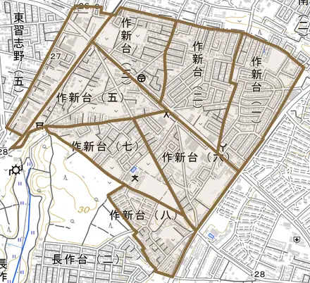 作新台とその周辺の地図。町の範囲を重ねている