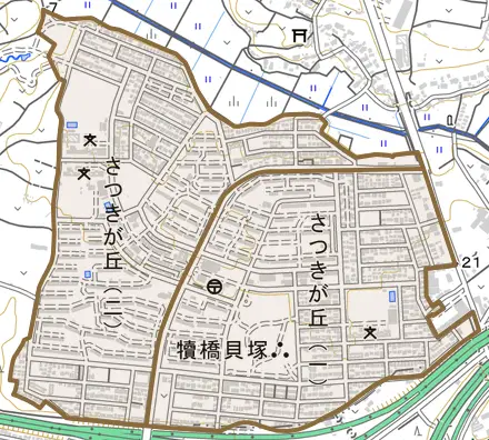 さつきが丘とその周辺の地図。町の範囲を重ねている