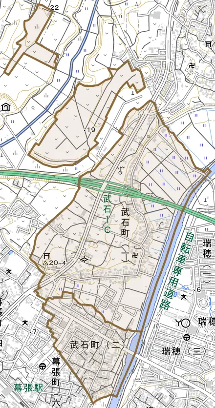 武石町とその周辺の地図。町の範囲を重ねている