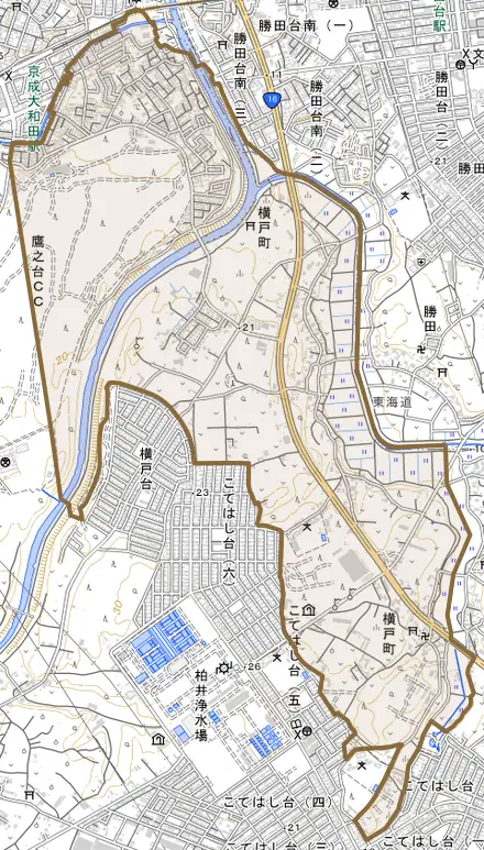 横戸町とその周辺の地図。町の範囲を重ねている