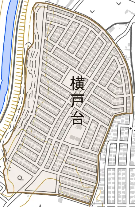 横戸台とその周辺の地図。町の範囲を重ねている