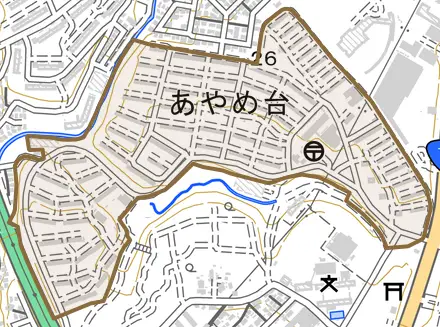 あやめ台とその周辺の地図。町の範囲を重ねている