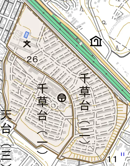 千草台とその周辺の地図。町の範囲を重ねている