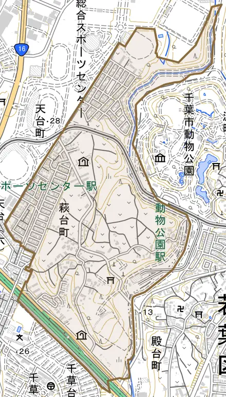 萩台町とその周辺の地図。町の範囲を重ねている