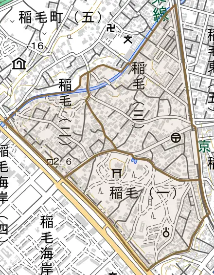 稲毛とその周辺の地図。町の範囲を重ねている