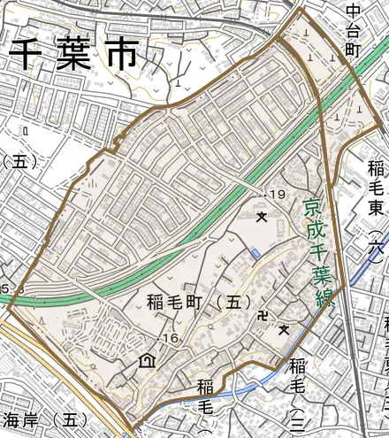 稲毛町とその周辺の地図。町の範囲を重ねている