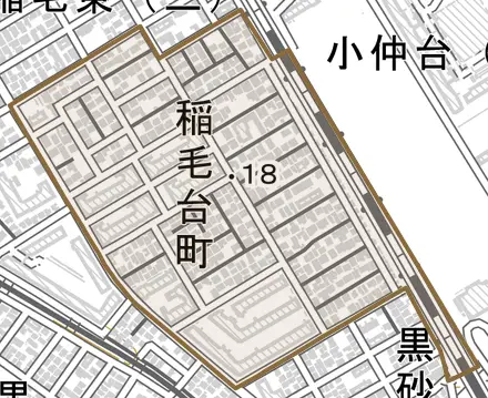 稲毛台町とその周辺の地図。町の範囲を重ねている