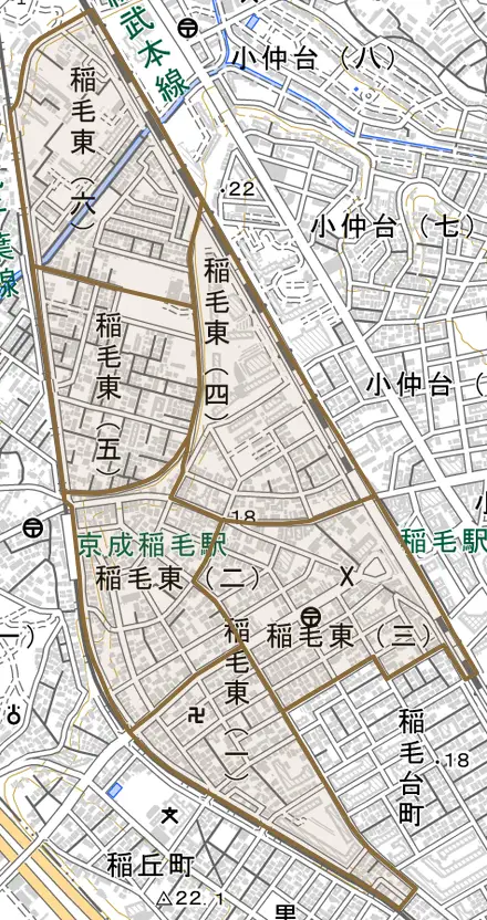 稲毛東とその周辺の地図。町の範囲を重ねている
