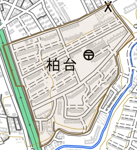 柏台とその周辺の地図。町の範囲を重ねている