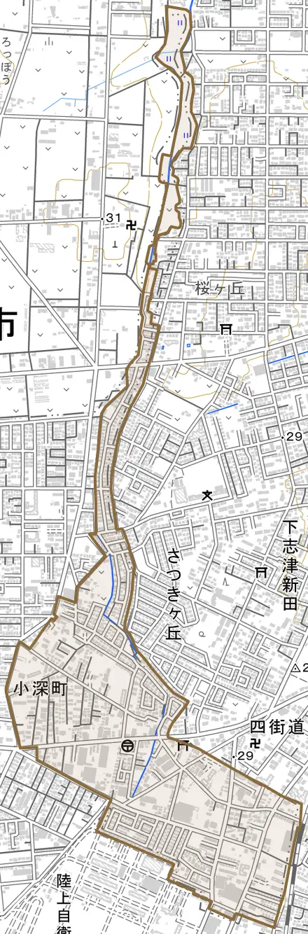 小深町とその周辺の地図。町の範囲を重ねている