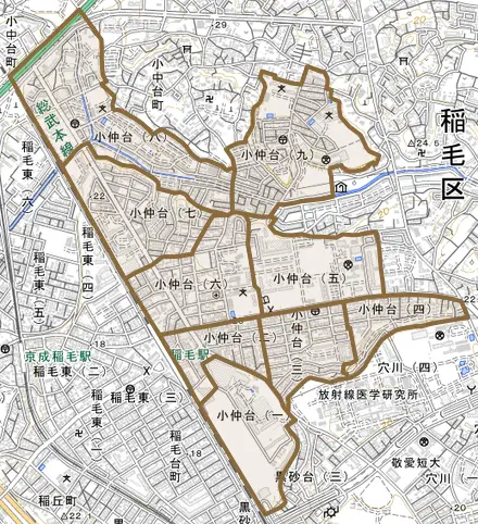 小仲台とその周辺の地図。町の範囲を重ねている