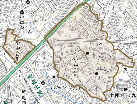小中台町とその周辺の地図。町の範囲を重ねている