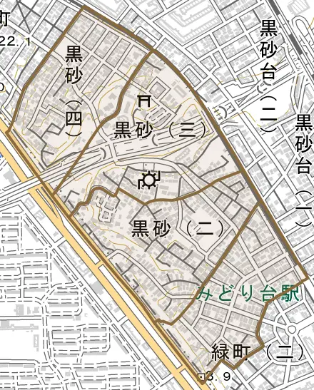 黒砂とその周辺の地図。町の範囲を重ねている