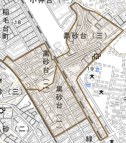黒砂台とその周辺の地図。町の範囲を重ねている