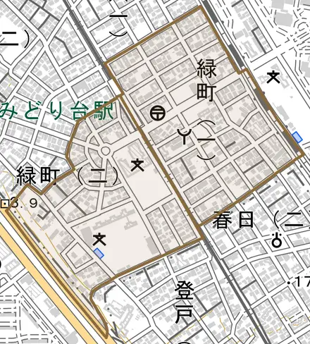 緑町とその周辺の地図。町の範囲を重ねている