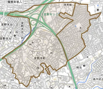 宮野木町とその周辺の地図。町の範囲を重ねている