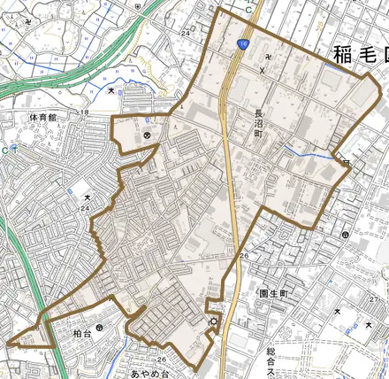 長沼町とその周辺の地図。町の範囲を重ねている
