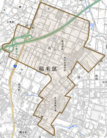 長沼原町とその周辺の地図。町の範囲を重ねている