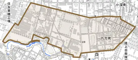 六方町とその周辺の地図。町の範囲を重ねている