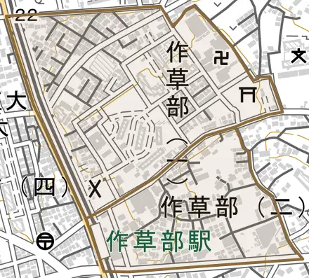作草部とその周辺の地図。町の範囲を重ねている