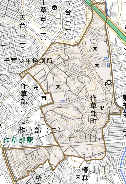 作草部町とその周辺の地図。町の範囲を重ねている