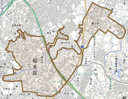 園生町とその周辺の地図。町の範囲を重ねている