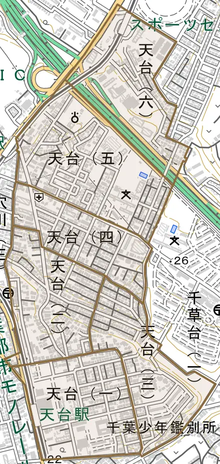 天台とその周辺の地図。町の範囲を重ねている