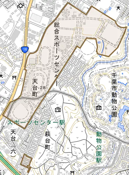 天台町とその周辺の地図。町の範囲を重ねている