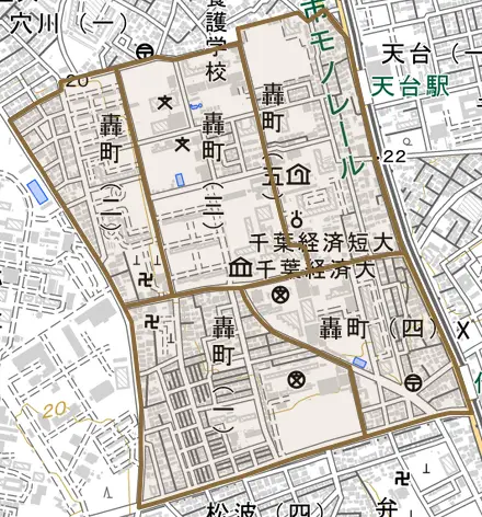 轟町とその周辺の地図。町の範囲を重ねている