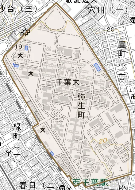 弥生町とその周辺の地図。町の範囲を重ねている