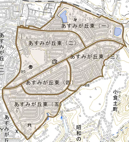 あすみが丘東とその周辺の地図。町の範囲を重ねている