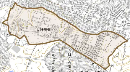 大膳野町とその周辺の地図。町の範囲を重ねている