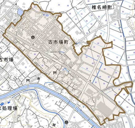 古市場町とその周辺の地図。町の範囲を重ねている