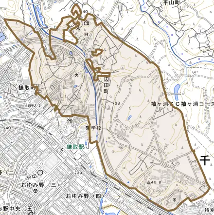 辺田町とその周辺の地図。町の範囲を重ねている