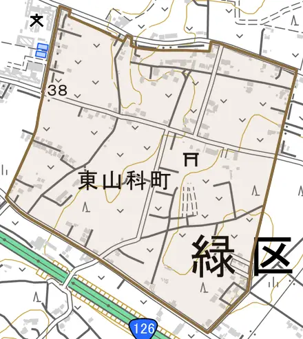 東山科町とその周辺の地図。町の範囲を重ねている