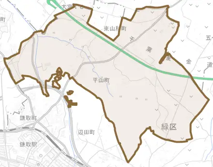平山町とその周辺の地図。町の範囲を重ねている