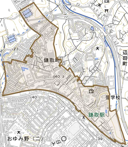 鎌取町とその周辺の地図。町の範囲を重ねている