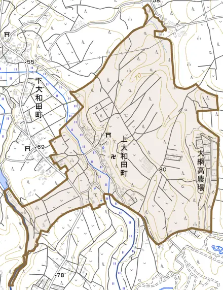 上大和田町とその周辺の地図。町の範囲を重ねている