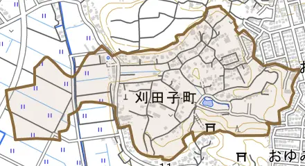 刈田子町とその周辺の地図。町の範囲を重ねている