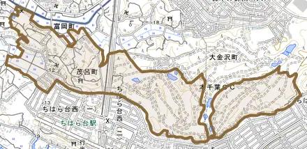 茂呂町とその周辺の地図。町の範囲を重ねている